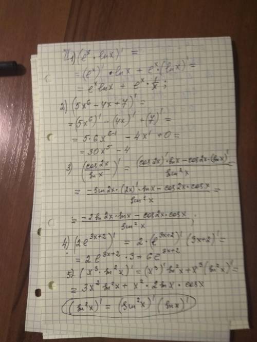 Найти производные по правилам. 1 (e^x*lnx)'=2 (5x^6-4x+7)'=3 (cos2x/sinx)'= 5)(x^3*sinx^2)'=4 (2*e^3