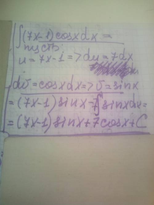 Проинтегрировать по частям: 1) ∫ (7x-1)cosxdx 2) ∫ (6-5x)eˣdx