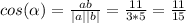 cos(\alpha) = \frac{ab}{|a||b|} = \frac{11}{3 * 5} = \frac{11}{15}