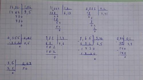 906. 1) 14,82 : 1,56; 2) 11,034 : 1,8;3) 0,882 : 0,2;4) 0,355 : 0,71;5) 7,82 : 1,7;6) 8,65 : 3,46;7)