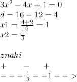 3 {x}^{2} - 4x + 1 = 0 \\ d = 16 - 12 = 4 \\ x1 = \frac{4 + 2}{6} = 1 \\ x2 = \frac{1}{3} \\ \\ znaki \\ + \: \: \: \: \: \: \: \: - \: \: \: \: \: \: + \\ - - - \frac{1}{3} - - 1 - -