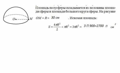 Радиус шара равен 30 см. Определи площадь поверхности полусферы.