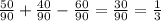 \frac{50}{90} + \frac{40}{90} - \frac{60}{90} = \frac{30}{90} = \frac{1}{3}