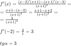 f'(x) = \frac{(x - 2)'(x + 1) - (x + 1)'(x - 2)}{ {(x + 1)}^{2} } = \\ = \frac{x + 1 - (x - 2)}{ {(x + 1)}^{2} } = \frac{x + 1 - x + 2}{(x + 1) {}^{2} } = \\ = \frac{3}{ {(x + 1)}^{2} } \\\\ f'( - 2) = \frac{3}{1} = 3 \\ \\ tg \alpha = 3