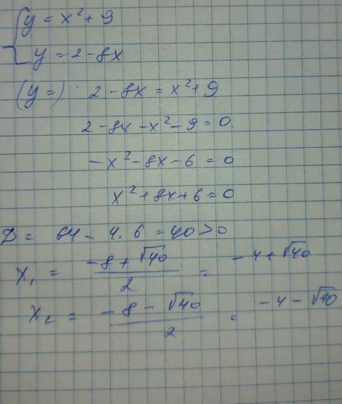 Найти координаты точек пересечения графиков функции у = х2 + 9 и у = 2 –8 х.​