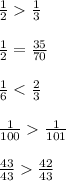 \frac{1}{2} \frac{1}{3} \\\\\frac{1}{2} = \frac{35}{70}\\\\\frac{1}{6} < \frac{2}{3}\\\\\frac{1}{100} \frac{1}{101}\\\\\frac{43}{43} \frac{42}{43}