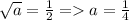 \sqrt{a} =\frac{1}{2}=a=\frac{1}{4}