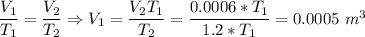 \dfrac{V_1}{T_1} = \dfrac{V_2}{T_2} \Rightarrow V_1 = \dfrac{V_2T_1}{T_2} = \dfrac{0.0006 * T_1}{1.2*T_1} = 0.0005~m^3