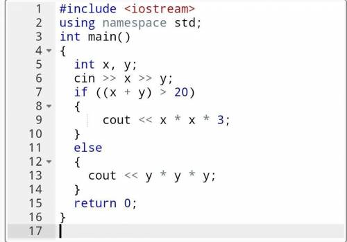 C++. Дано 2 числа x и y. Если сумма этих чисел больше 20, то вычислить утроенный квадрат первого чис