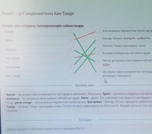 Сөздер мен олардың түсіндірмелерін сәйкестендір. КөсемАта-ананың перзентіне сенім артуТұлғаБатыр, ба