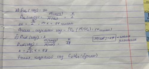 Обчисліть молярні маси газів, густина яких:а) за воднем - 32б) за повітрям - 2​