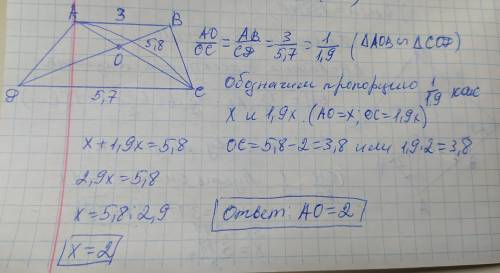 Диагонали трапеции ABCD с основаниями AB и CD пересекаются в точке O. Найти AO если известно, что AB