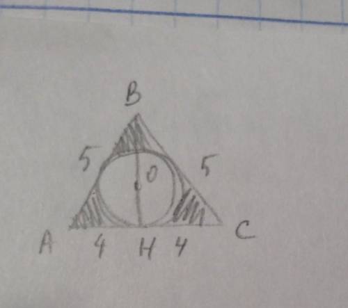 AB=5, BC=5, AC=8. Найти площадь заштрихованной части. ​