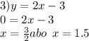 3)y = 2x - 3 \\ 0 = 2x - 3 \\ x = \frac{3}{2} abo \: \: x = 1.5