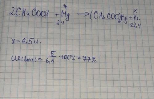 при взаимодействии 7г магния с уксусной кислотой, выделилось 5л водорода. определите массовую долю в