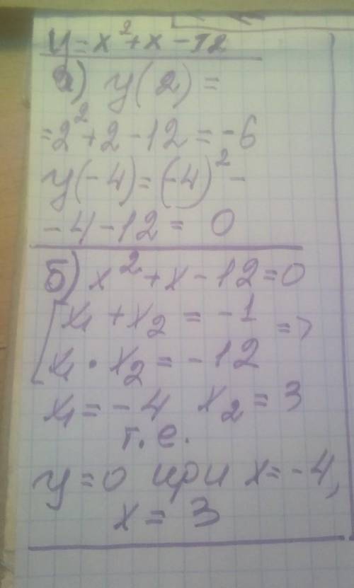 2. Функция задана формулой y=x²+x-12 а) Найдите y(2); у(-4) б) При каком значении аргумента значение