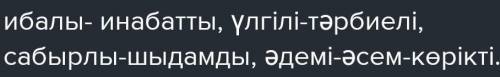 тапсырма. Берілген сөздердің синонимдерін жазыңдар. Ибалы- Үлгілі- Сабырлы- Әдемі-