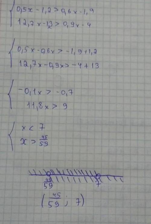 4. Найдите целые решения системы неравенств. (0,5х – 1,2 > 0,6х - 1,9,12,7х – 13 > 0,9х У МЕНЯ