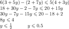 6(3 + 5y) - (2 + 7y) \leqslant 5(4 + 3y) \\ 18 + 30y - 2 - 7y \leqslant 20 + 15y \\ 30y - 7y - 15y \leqslant 20 - 18 + 2 \\ 8y \leqslant 4 \\ y \leqslant \frac{1}{2} \: \: \: \: \: \: \: \: \: \: \: \: \: \: y \leqslant 0.5