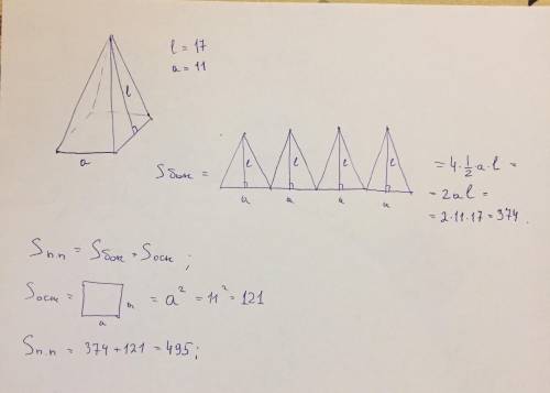 Апоферма правильной четырёхугольной пирамиды равна 17,сторона основания равна 11. Найдите площадь бо