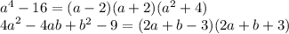 {a}^{4} - 16 = (a - 2)(a + 2)( {a}^{2} + 4) \\ {4a}^{2} - 4ab + {b}^{2} - 9 = (2a + b - 3)(2a + b + 3)