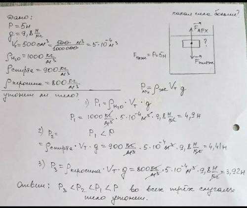 Тело имеет массу 500 кг и объем 500 л. Будет ли оно плавать:А) в воде Б) в керосинеЗаполните таблицу