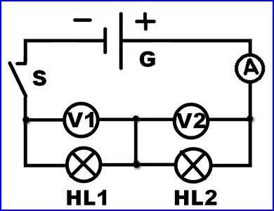 Нарисуйте электрическуюсхему, состоящуюиз двух ламп, блокаПитания,амперметра, 2Вольтметров,переключа