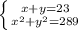 \left \{ {{x+y=23} \atop {x^2+y^2=289}} \right.