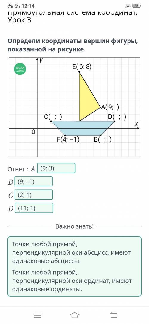 Определи координаты вершин фигуры, показанной на рисунке.ТУEC 6; 8)А( 9 )DC:)СС)ХОF(4; — 1)ВС