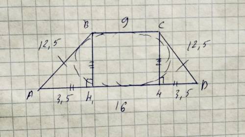 Равнобокая трапеция с основаниями 9 см и 16 см описана около окружности. найдите радиус окружности.