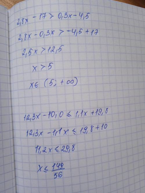 a) 5.( ) Найдите решение системы неравенств. 2.8x - 17 > 0.3x - 4.5 , 12.3x - 10.0 <= 1.1x + 1