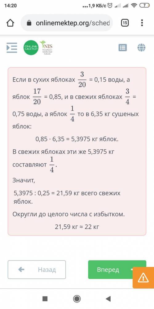 Сухие яблоки содержат3/20 воды, а свежие –3/4Сколько необходимо свежих яблок, чтобы получить 6,35 кг