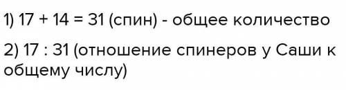 у саши 17 спиннеров, а у Ани - 14 Найдите отношение числа спиннеров у Саши к общему числу спиннеров