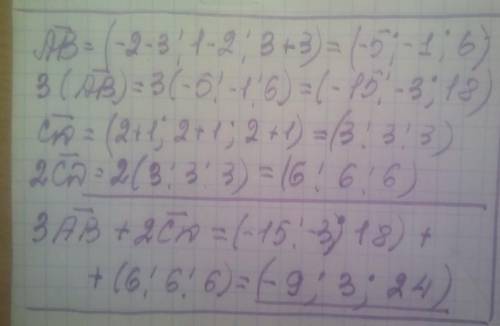 Даны точки А(3;2; -3) В (-2;1;3), С (-1; -1; -1), D (2;2;2). Найди длину вектора 3AB+2CD