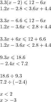 3.3(x - 2) \leqslant 12 - 6x \\ 1.2x - 2.8 < 3.6x + 4.4 \\ \\ 3.3x - 6.6 \leqslant 12 - 6x \\ 1.2x - 3.6x < 2.8 + 4.4 \\ \\ 3.3x + 6x \leqslant 12 + 6.6 \\ 1.2x - 3.6x < 2.8 + 4.4 \\ \\ 9.3x \leqslant 18.6 \\ - 2.4x < 7.2 \\ \\ 18.6 \div 9.3 \\ 7.2 \div ( - 2.4) \\ \\ x < 2 \\ x - 3