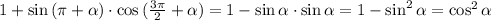 1+\sin{(\pi+\alpha)}\cdot \cos{(\frac{3\pi}{2}+\alpha)}=1-\sin{\alpha}\cdot\sin{\alpha}=1-\sin^2{\alpha}=\cos^2{\alpha}