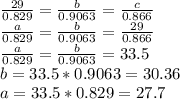 \frac{29}{0.829} = \frac{b}{0.9063} = \frac{c}{0.866} \\\frac{a}{0.829} = \frac{b}{0.9063} = \frac{29}{0.866}\\\frac{a}{0.829} = \frac{b}{0.9063} = 33.5\\b = 33.5*0.9063 = 30.36\\a = 33.5*0.829 = 27.7