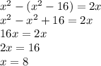 x {}^{2} - (x {}^{2} - 16) =2x \\ x {}^{2} - x {}^{2} + 16 = 2x \\ 16x = 2x \\ 2x = 16 \\ x = 8