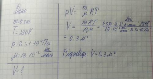 Азот масою 0.3 кг за температури 280К чинить тиск на стінки посудини 8.31* 10(4) Па.Чому дорівгює об