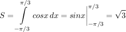 \displaystyle S=\int\limits^{\pi /3}_{-\pi /3} {cosx} \, dx =sinx \bigg|_{-\pi /3}^{\pi /3}=\sqrt{3}