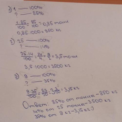 Запиши проценты в виде дробей.вычисли 85% от 1 тонны14% от 25 тонн35% от 9 кгP.s:ответ напишите на л