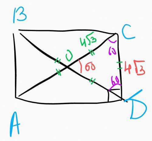 Диоганали прямоугольника пересекаются под углом 60 градусов.Найдите длину прямоугольника,если ширина