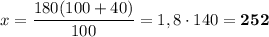 x = \dfrac{180(100+40)}{100} = 1,8\cdot 140 = \bf{252}