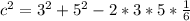 c^{2} = 3^{2} + 5^{2} - 2*3*5*\frac{1}{6}