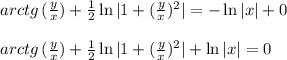 arctg \, (\frac{y}{x})+\frac{1}{2} \ln{|1+(\frac{y}{x})^2|} =-\ln{|x|}+0 \\\\ arctg \, (\frac{y}{x})+\frac{1}{2} \ln{|1+(\frac{y}{x})^2|} +\ln{|x|}=0