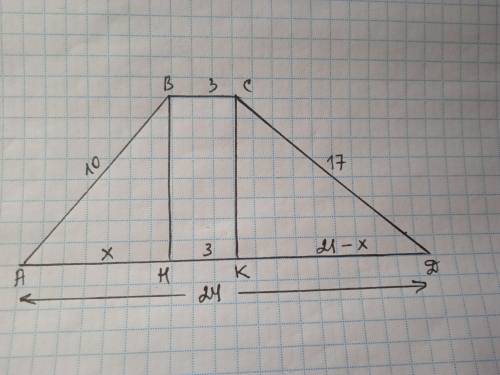В трапеции ABCD (BC параллельна с AD) AB=10 BC=3,CD=17,AD=24. Найдите площадь трапеции ​
