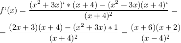 \displaystyle f`(x)=\frac{(x^2+3x)`*(x+4)-(x^2+3x)(x+4)`}{(x+4)^2}=\\\\=\frac{(2x+3)(x+4)-(x^2+3x)*1}{(x+4)^2}=\frac{(x+6)(x+2)}{(x-4)^2}