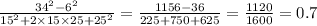 \frac{ {34}^{2} - {6}^{2} }{ {15}^{2} + 2 \times 15 \times 25 + {25}^{2} } = \frac{1156 - 36}{225 + 750 + 625} = \frac{1120}{1600} = 0.7