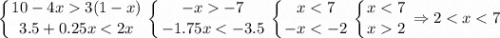 \displaystyle \left \{ {{10-4x3(1-x)} \atop {3.5+0.25x-7 } \atop {-1.75x