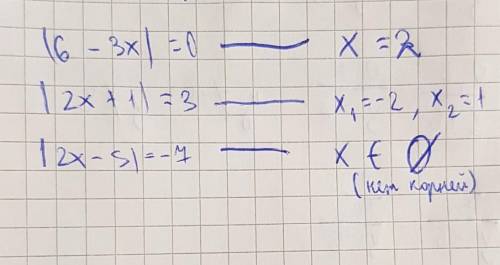 Реши уровнение |6-3х|=0 . 2х+1=3. 2х-5=-7нет корней , 2, 1 и -2​